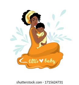 Beautiful African-American woman holding a little son  in her arms and the inscription little baby on a white background. Concept family, concept Mothers Day