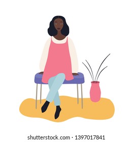 Beautiful african-american woman sitting on a bench chair, vector illustration on white background