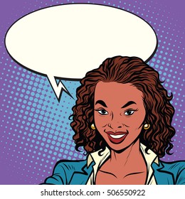 Beautiful African-American woman smiling, pop art retro comic book vector illustration