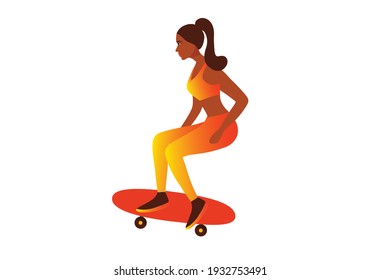 Beautiful  africian american woman on surfskate isolated vector illustration. Playing surfskate concept