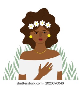 Beautiful afro American bride in white dress holding hand on the heart with delicate green plants at the background vector illustration