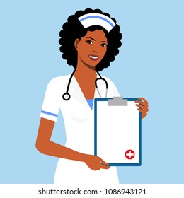 Beautiful afro american female nurse is holding clipboard and showing document. Portrait of young afro american nurse or medic with clipboard and stethoscope isolated on blue background