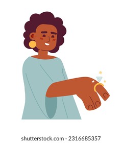 Beautiful afro american fiancee with ring on finger semi flat colorful vector character. Black wife-to-be. Editable full body person on white. Simple cartoon spot illustration for web graphic design