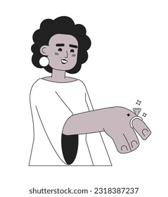 Beautiful afro american fiancee with ring on finger monochromatic flat vector character. Black wife-to-be. Editable line full body person on white. Simple bw cartoon spot image for web graphic design