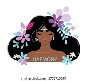 Beautiful afro american girl with flowers in her hair and the inscription harmony. The concept of mental health therapy