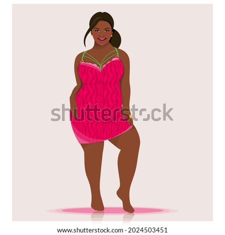 Beautiful afro american plus size black woman. Concept of body positivity, confidence and self love for your body. Wearing zebra pattern pink lingerie mini dress. Vector flat style illustration