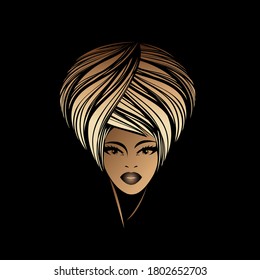 Beautiful Afro American woman with big blonde hair and elegant makeup.Beauty salon and hairdresser studio illustration.Cosmetics and spa logo isolated on dark background.