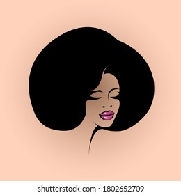 Beautiful Afro American woman with big hair and elegant makeup.Beauty salon and hairdresser studio illustration.Cosmetics and spa logo isolated on light background.