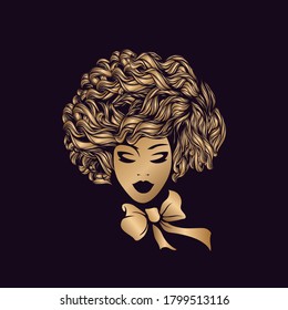 Beautiful Afro American woman with curly hair and elegant makeup.Gold ribbon bow.Beauty salon and hairdresser studio illustration.Cosmetics and spa logo isolated on dark background.