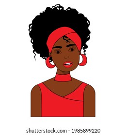 Beautiful Afro american woman with Curly hair, dressed in red. Profile portrait avatar. International concept. Vector illustration. 