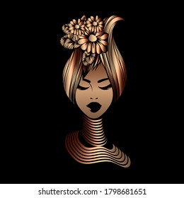 Beautiful Afro American woman with elegant hairstyle and makeup.Flowers bouquet head wear.Beauty salon and hairdresser studio illustration.Cosmetics and spa logo isolated on dark background.