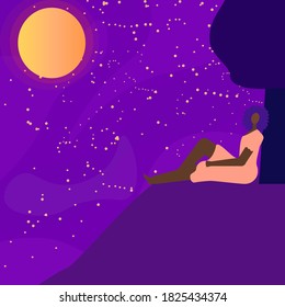 Beautiful afro girl sitting near tree and looking at the stars. Flat vector illustration