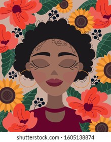 beautiful afro woman with floral decoration vector illustration design