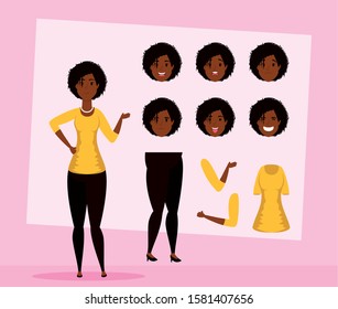 beautiful afro woman with set faces character vector illustration design