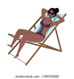 beautiful afro woman wearing swimsuit seated in beachchair vector illustration design