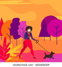 Beautiful afro women in leather jacket walking in autumn park or forest with dog and drinking coffee.Girl have protective mask on her face.Best friend, alking with pet concept.Flat vector illustration