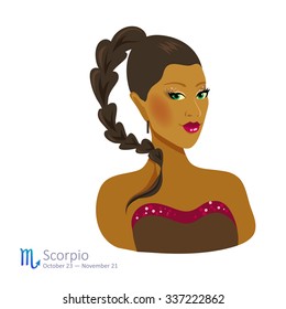 Beautiful afro-american girl with brown hair - scorpio. Horoscope. Astrology. Vector isolated illustration. Cartoon characters. Sign of the zodiac.
