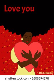 Beautiful afroamerican woman hugs heart and thinks about her lover. Cute Valentines day card. Vector illustration for 14th February. 