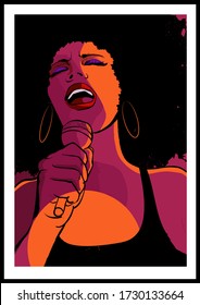 Beautiful afro-american woman singer with the microphone - vector illustration (Ideal for printing on fabric or paper, poster or wallpaper, house decoration)