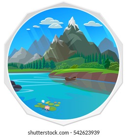 Beautiful afternoon landscape of meadows, river and snow-capped mountains 