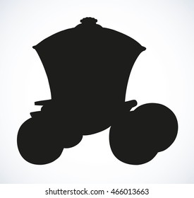 Beautiful aged horse-drawn car on white backdrop. Fairy tale ink hand drawn background sketchy in art engraving style with space for text on sky
