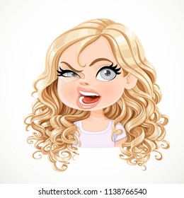 Beautiful aggressive cartoon blond girl with magnificent curly hair portrait isolated on white background