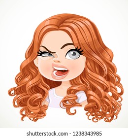 Beautiful aggressive cartoon brunette girl with brown hair portrait isolated on white background