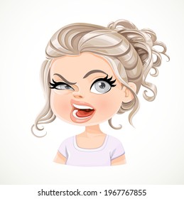 Beautiful aggressive cartoon pearl blond girl with long wavy hair bunched portrait isolated on white background