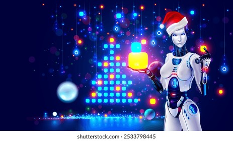 Beautiful AI robot woman in Santa Claus hat holds gifts in her hands. AI in image of cyborg woman or internet chat bot gives gifts for Christmas, New Year. Robot decorate Christmas tree, gives gifts.