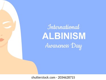 Beautiful albino woman with closed eyes on a soft blue background. International albinism awareness day 