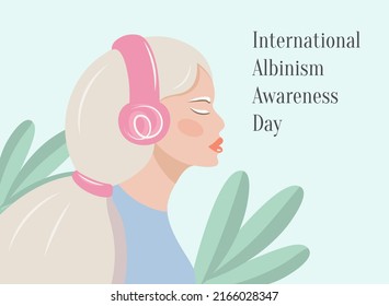 Hermosa mujer albina con los ojos cerrados. Día Internacional de Concienciación sobre el Albinismo. Mujer aislada con piel albina en los audífonos escucha música. Cartel, postal, postal, web. Vector de estilo plano.