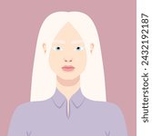 Beautiful Albino woman portrait. Avatar of a young female with albinism. Genetic rare appearance. Vector illustration
