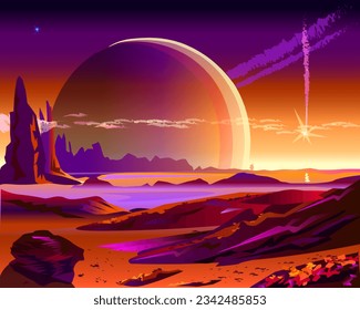 Beautiful alien landscape in purple pink orange colors Rocky landscape on the horizon a large luminous planet is visible Rocky mountains near the water and fog Vector