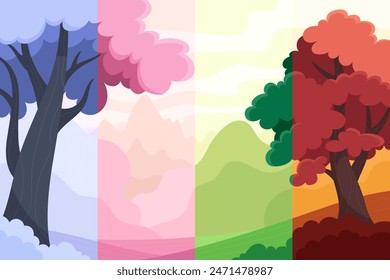 Beautiful all seasons landscape in cartoon flat style. Mountains, fields and hills top view