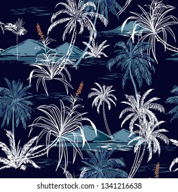 Beautiful Aloha monotone blue seamless island pattern vector. Landscape with palm trees,beach and ocean vector hand drawn style on navy blue background color