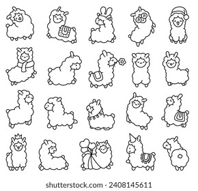 Beautiful alpaca cartoon character. Coloring Page. Cute kawaii animal. Hand drawn style. Vector drawing. Collection of design elements.