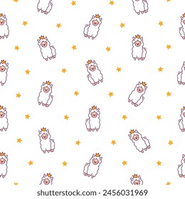 Beautiful alpaca cartoon character. Seamless pattern. Cute kawaii animal. Hand drawn style. Vector drawing. Design ornaments.