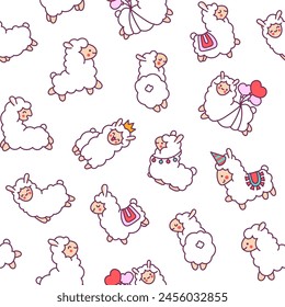 Beautiful alpaca cartoon character. Seamless pattern. Cute kawaii animal. Hand drawn style. Vector drawing. Design ornaments.