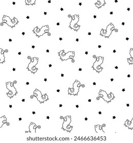 Beautiful alpaca cartoon character. Seamless pattern. Coloring Page. Cute kawaii animal. Hand drawn style. Vector drawing. Design ornaments.