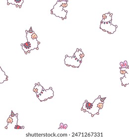 Beautiful alpaca cartoon character. Seamless pattern. Cute kawaii animal. Hand drawn style. Vector drawing. Design ornaments.