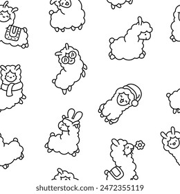 Beautiful alpaca cartoon character. Seamless pattern. Coloring Page. Cute kawaii animal. Hand drawn style. Vector drawing. Design ornaments.