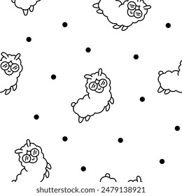 Beautiful alpaca cartoon character. Seamless pattern. Coloring Page. Cute kawaii animal. Hand drawn style. Vector drawing. Design ornaments.