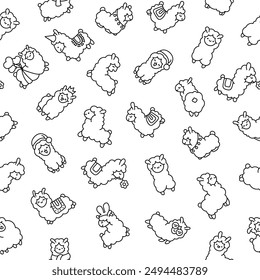 Beautiful alpaca cartoon character. Seamless pattern. Coloring Page. Cute kawaii animal. Hand drawn style. Vector drawing. Design ornaments.