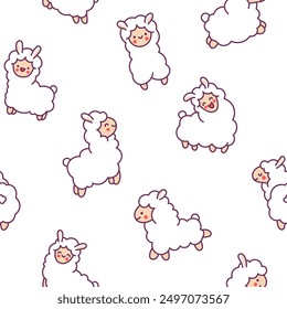 Beautiful alpaca cartoon character. Seamless pattern. Cute kawaii animal. Hand drawn style. Vector drawing. Design ornaments.