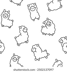 Beautiful alpaca cartoon character. Seamless pattern. Coloring Page. Cute kawaii animal. Hand drawn style. Vector drawing. Design ornaments.