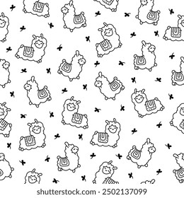 Beautiful alpaca cartoon character. Seamless pattern. Coloring Page. Cute kawaii animal. Hand drawn style. Vector drawing. Design ornaments.