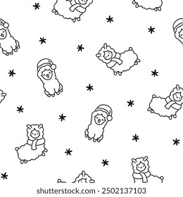 Beautiful alpaca cartoon character. Seamless pattern. Coloring Page. Cute kawaii animal. Hand drawn style. Vector drawing. Design ornaments.