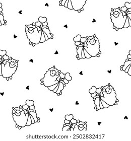 Beautiful alpaca cartoon character. Seamless pattern. Coloring Page. Cute kawaii animal. Hand drawn style. Vector drawing. Design ornaments.