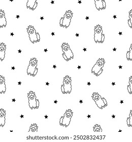 Beautiful alpaca cartoon character. Seamless pattern. Coloring Page. Cute kawaii animal. Hand drawn style. Vector drawing. Design ornaments.