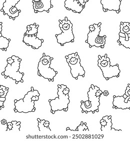 Beautiful alpaca cartoon character. Seamless pattern. Coloring Page. Cute kawaii animal. Hand drawn style. Vector drawing. Design ornaments.